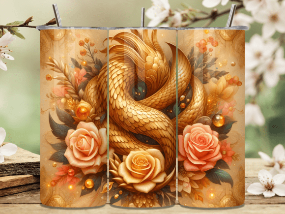 3D Golden Floral Rose Skinny Tumbler Png